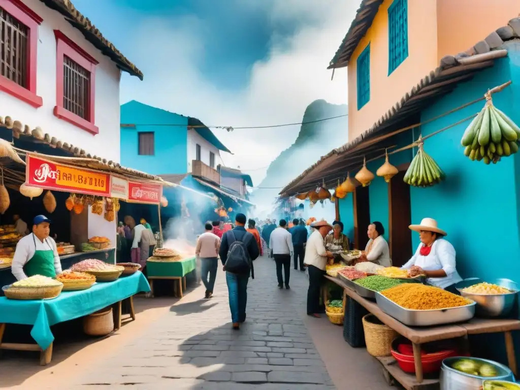 Una animada calle en el norte de Perú, llena de puestos de comida tradicional