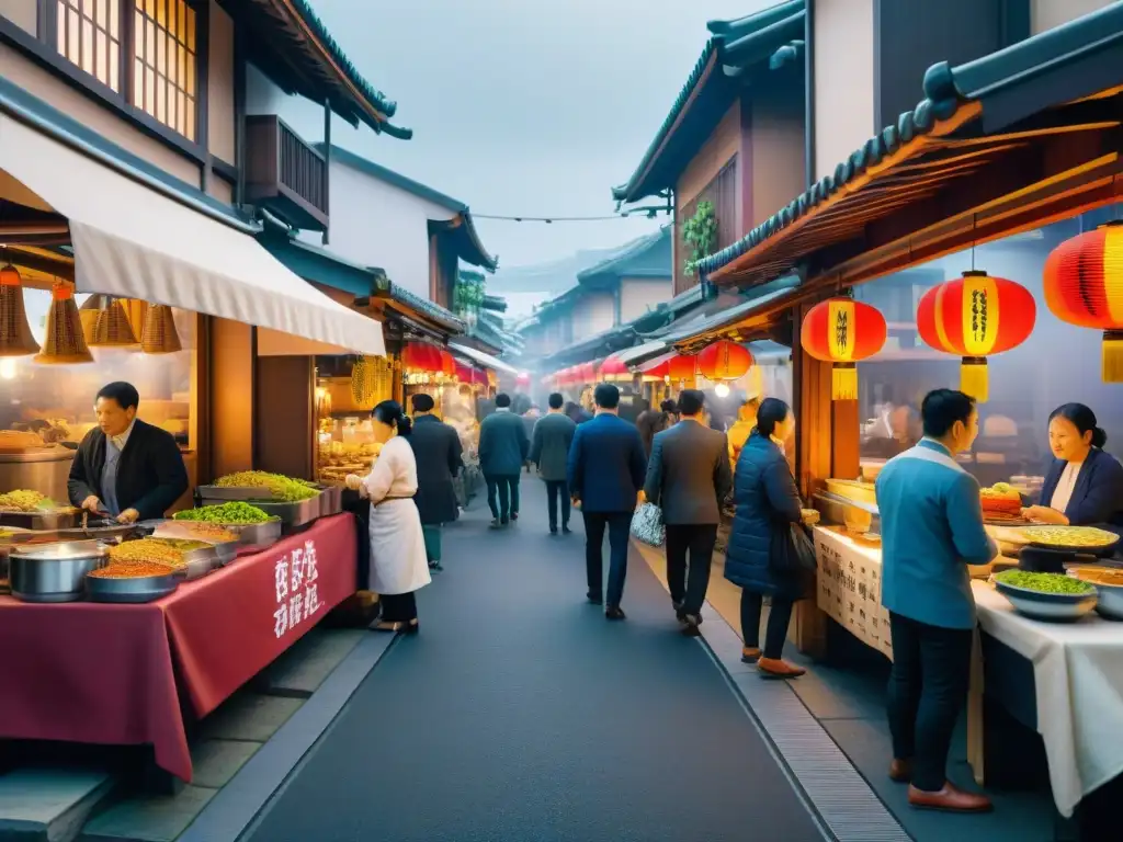 Una animada calle en Osaka con puestos de comida fusionando gastronomía peruana Nikkei