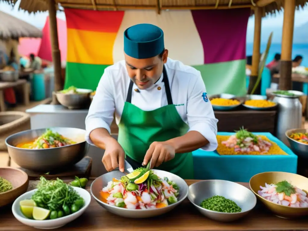 En una animada cevichería del norte de Perú, un chef prepara exquisitos ceviches rodeado de ingredientes frescos