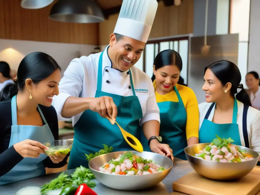 Una animada clase de cocina de ceviche peruano, donde se comparte tradición culinaria y alegría