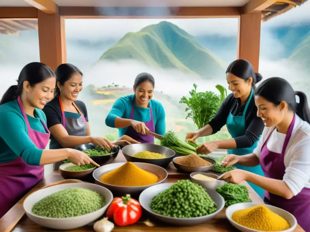 Una animada clase de cocina vegetariana peruana, donde los estudiantes preparan platos coloridos bajo la guía de un chef experto