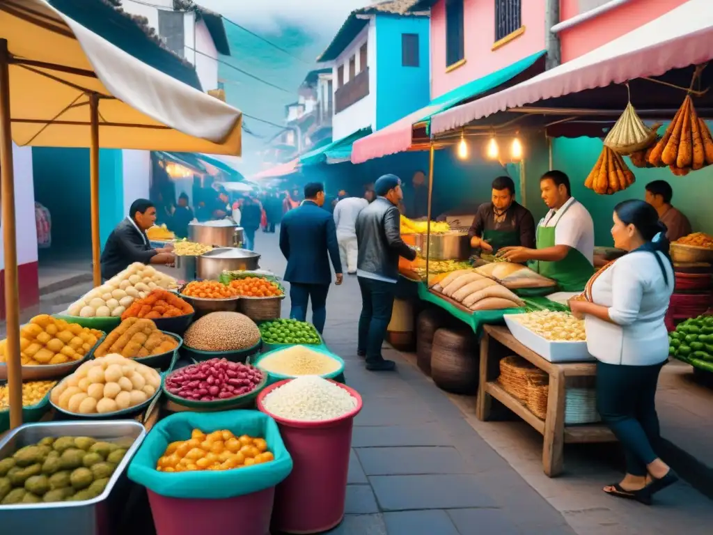 Una animada escena de un bullicioso mercado callejero peruano, con coloridos puestos de comida vendiendo ceviche, anticuchos y empanadas