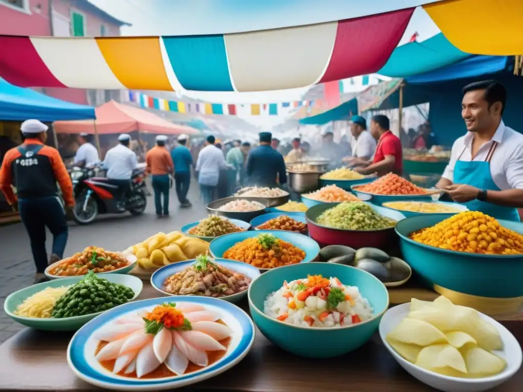 Animada escena callejera en el Festival del Ceviche Lima con multitud diversa disfrutando ceviche en puestos coloridos