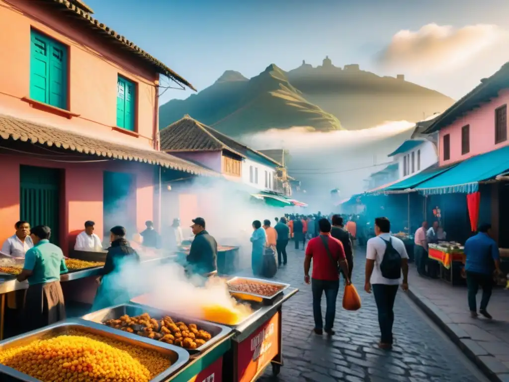 Una animada escena de cocina callejera en Perú durante la hora dorada, con puestos de comida coloridos y humeantes, mezcla de tradición y modernidad