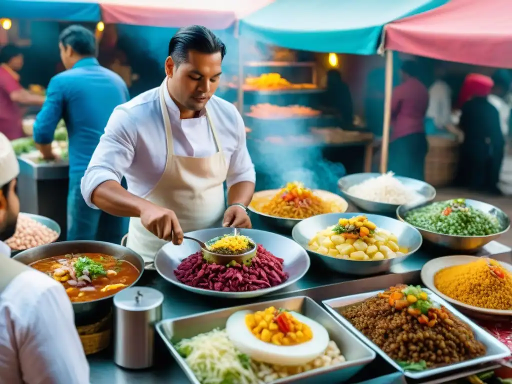 Una animada escena de un mercado callejero peruano con platos imperdibles de la gastronomía local