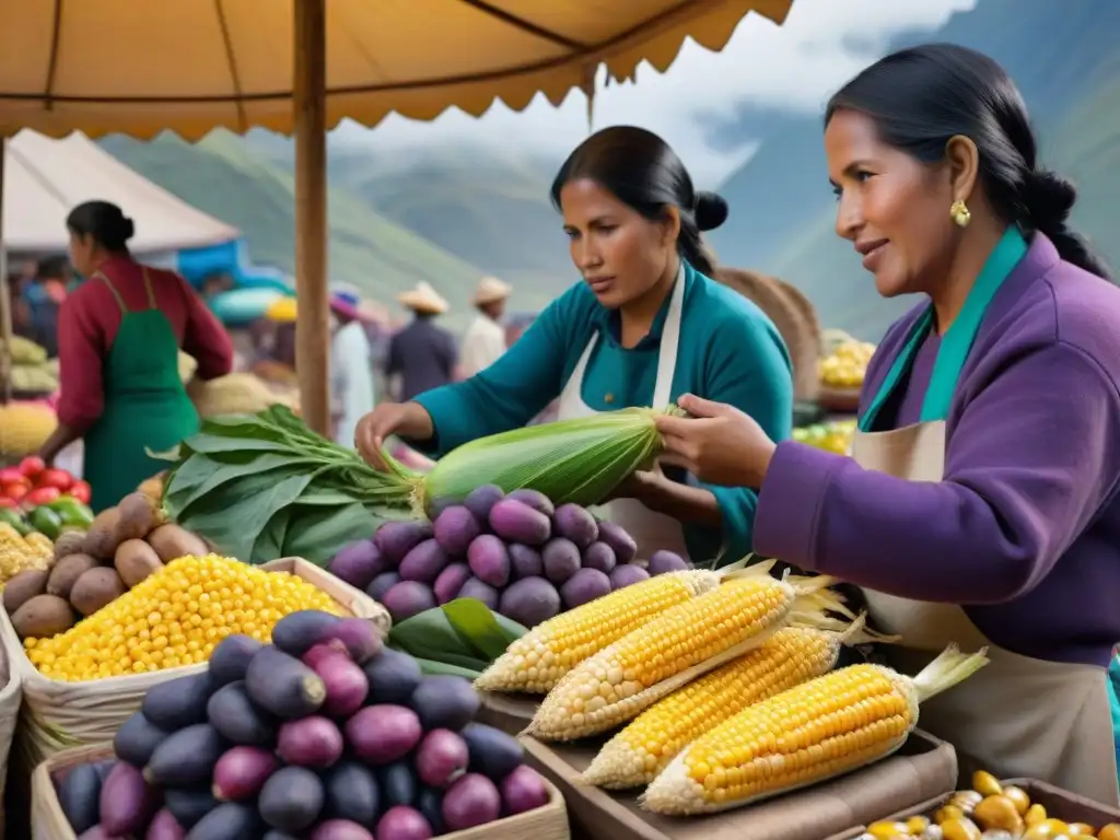 Una animada escena de mercado en Perú resalta la Importancia ingredientes autóctonos gastronomía peruana