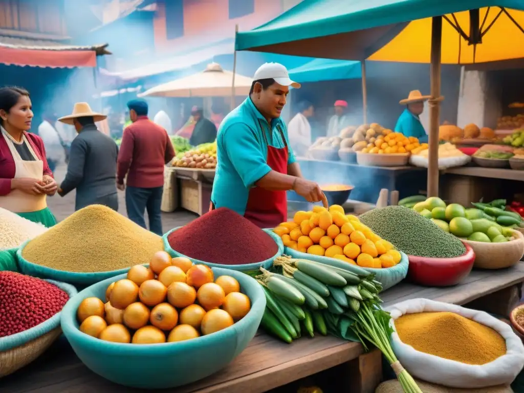 Una animada escena de mercado peruano, con vibrantes colores y vendedores locales en tradicional atuendo andino