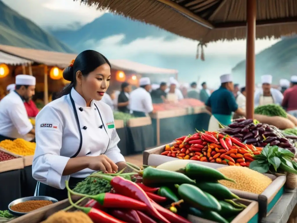 Una animada escena de mercado peruano con chefs en Cocina nikkei en Perú intercambiando sabores y tradiciones culinarias