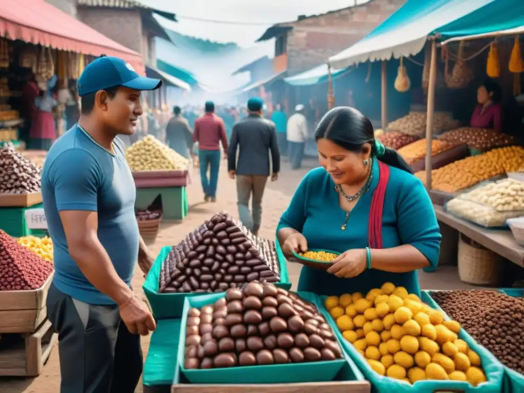 Una animada escena del mercado peruano con innovaciones de chocolate en el 2021, reflejando diversidad y emprendimiento