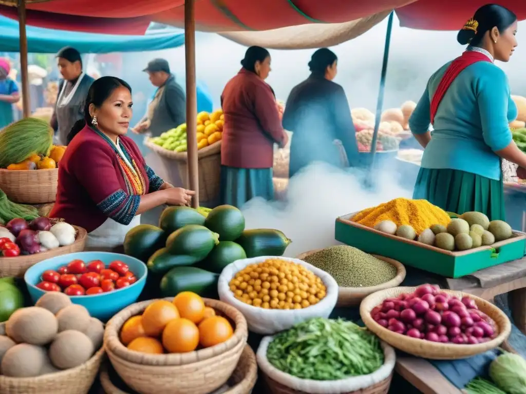 Una animada escena de un mercado tradicional peruano, con ingredientes coloridos y mujeres preparando platos típicos