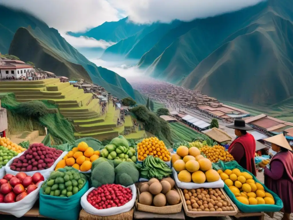 Una animada escena de un mercado tradicional peruano con colores vibrantes y la gastronomía peruana tradicional e innovadora