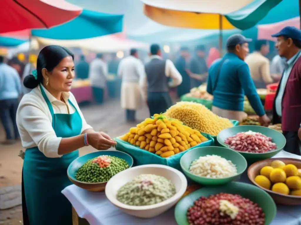 Animada feria gastronómica en Perú con coloridos puestos de comida y visitantes disfrutando de la diversa cocina local