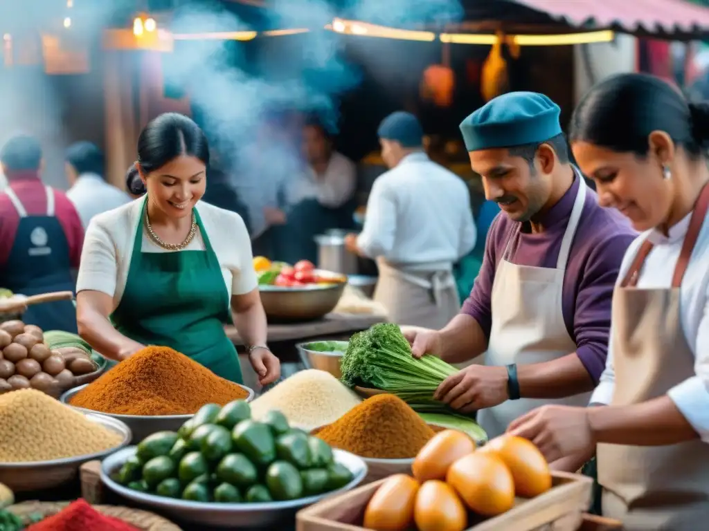 Una animada feria peruana llena de colores vibrantes de platos tradicionales, celebrando la rica gastronomía peruana y la unión comunitaria