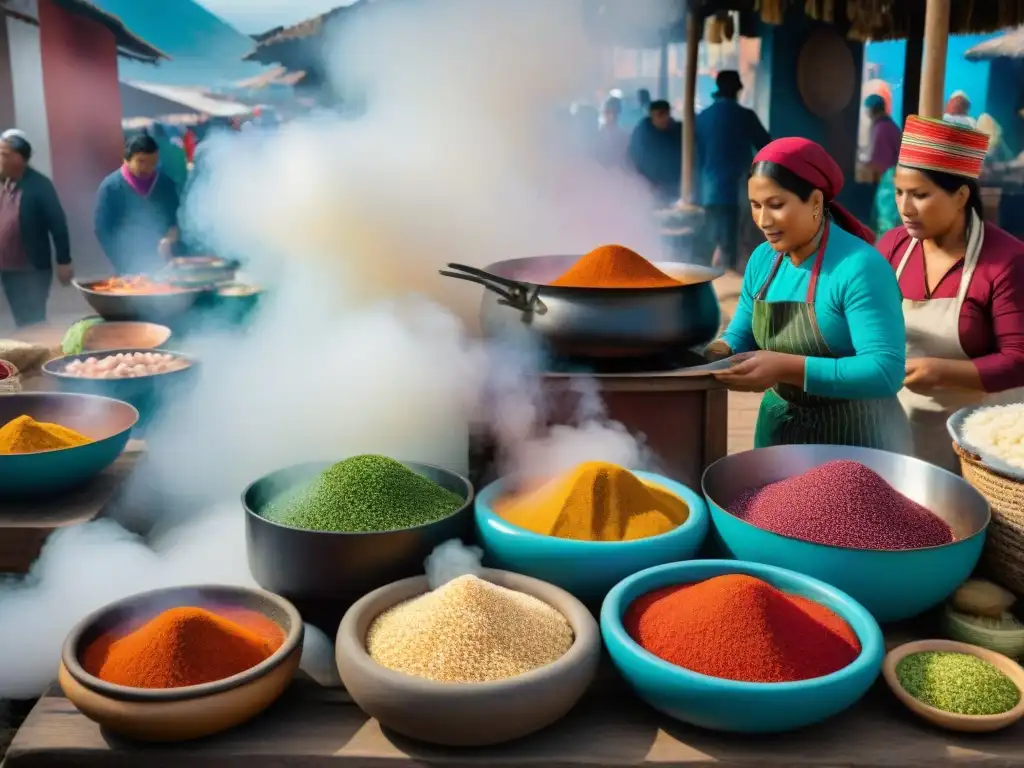 Una animada feria peruana destaca platos tradicionales con quinua, ají y mariscos frescos