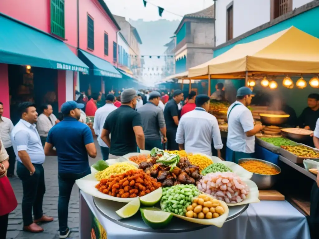 Animada festival comida callejera Lima: chefs preparando ceviche y anticuchos, multitud disfrutando entre arquitectura y arte callejero vibrante