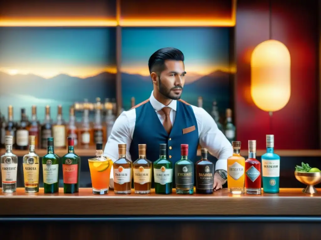 Un animado bar internacional con barras de pisco de Perú, bartenders y clientes diversos disfrutando de la atmósfera vibrante