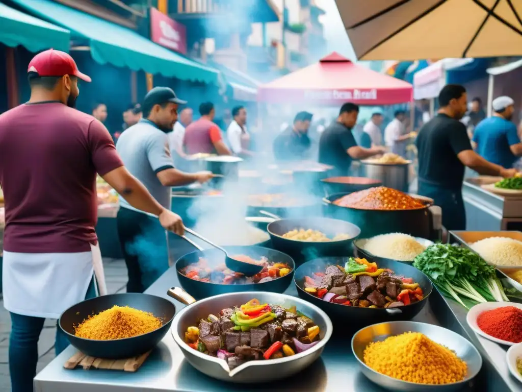 En el animado Festival Gastronomía Costeña Lomo Saltado, un chef prepara expertamente el icónico plato peruano