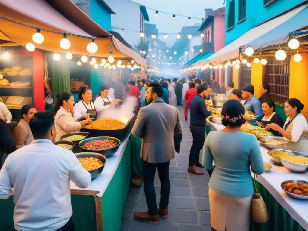 Animado Festival de Comida Callejera en Lima con puestos coloridos y chefs preparando ceviche, anticuchos y picarones