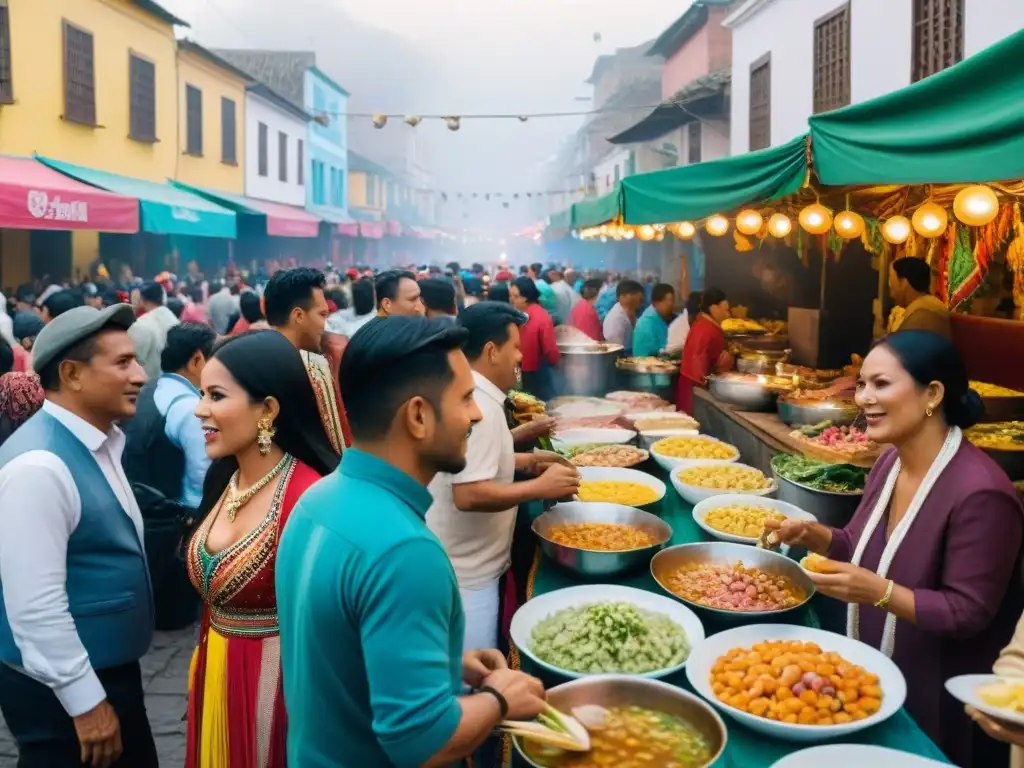 Animado Festival del Ceviche Lima: multitud diversa disfruta ceviche en coloridos puestos de comida, música tradicional de fondo