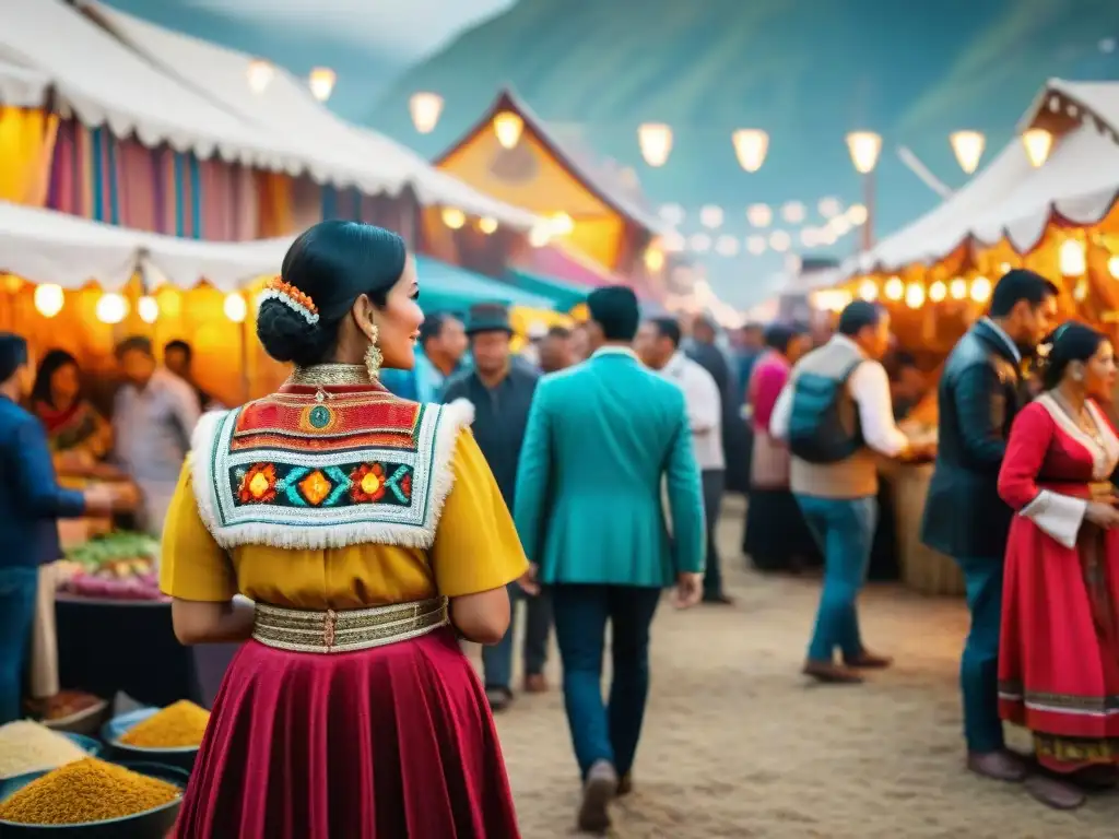 Animado Festival del Rocoto Relleno Perú con multitud diversa disfrutando platos picantes y música tradicional vibrante en coloridas calles festivas