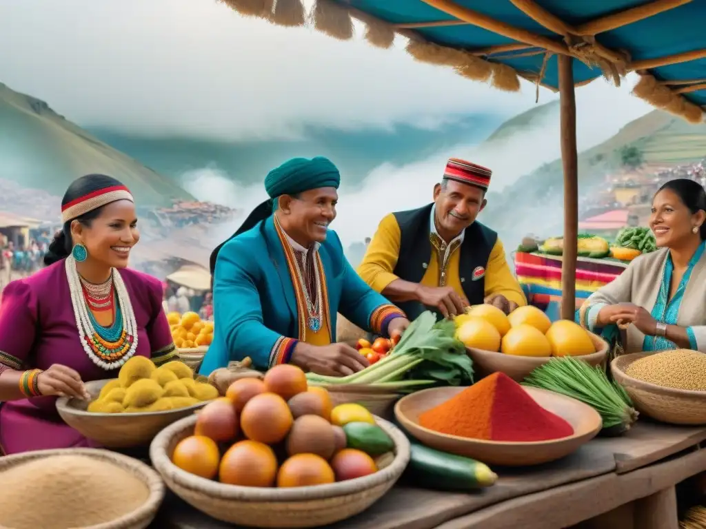 Un animado mercado AfroPeruano con coloridos platos tradicionales y músicos, reflejando la influencia africana en gastronomía peruana