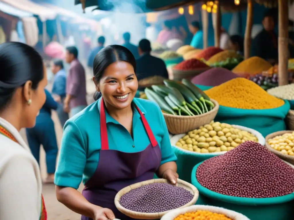 Un animado mercado de alimentos en Perú con ingredientes autóctonos coloridos, vendedores locales y deliciosos aromas de comida peruana