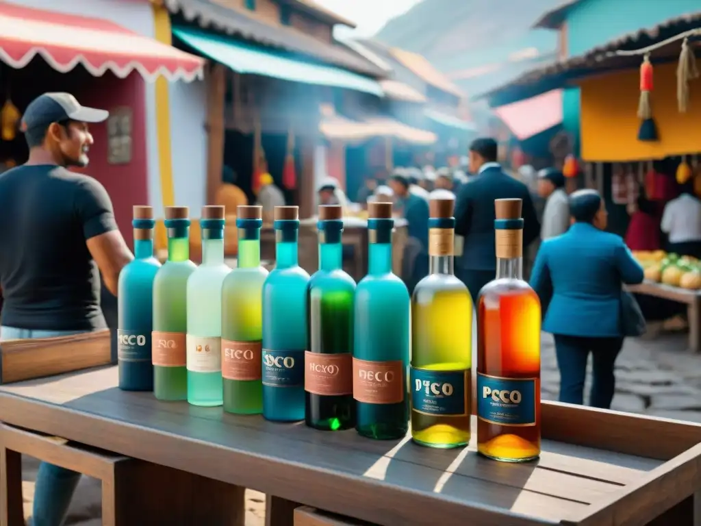 Un animado mercado callejero en Perú con botellas de pisco coloridas en mesas de madera, vendedores promocionando productos y clientes diversos