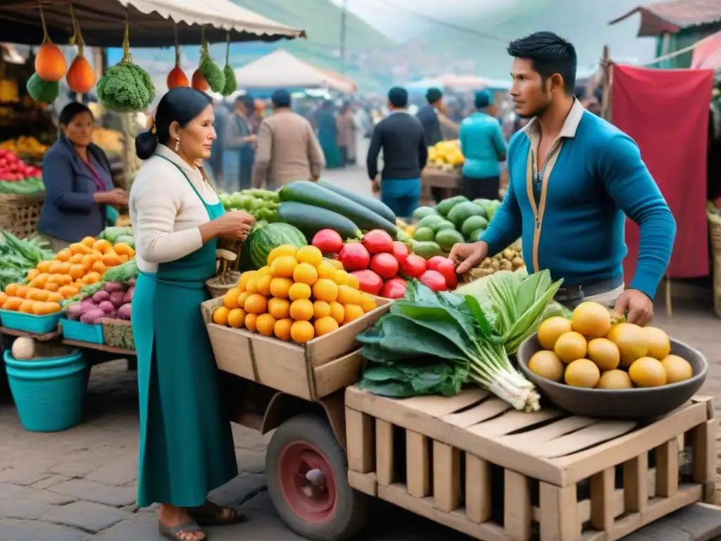 Un animado mercado callejero en Perú con coloridas frutas y verduras frescas, donde los agricultores locales y clientes participan en conversaciones animadas