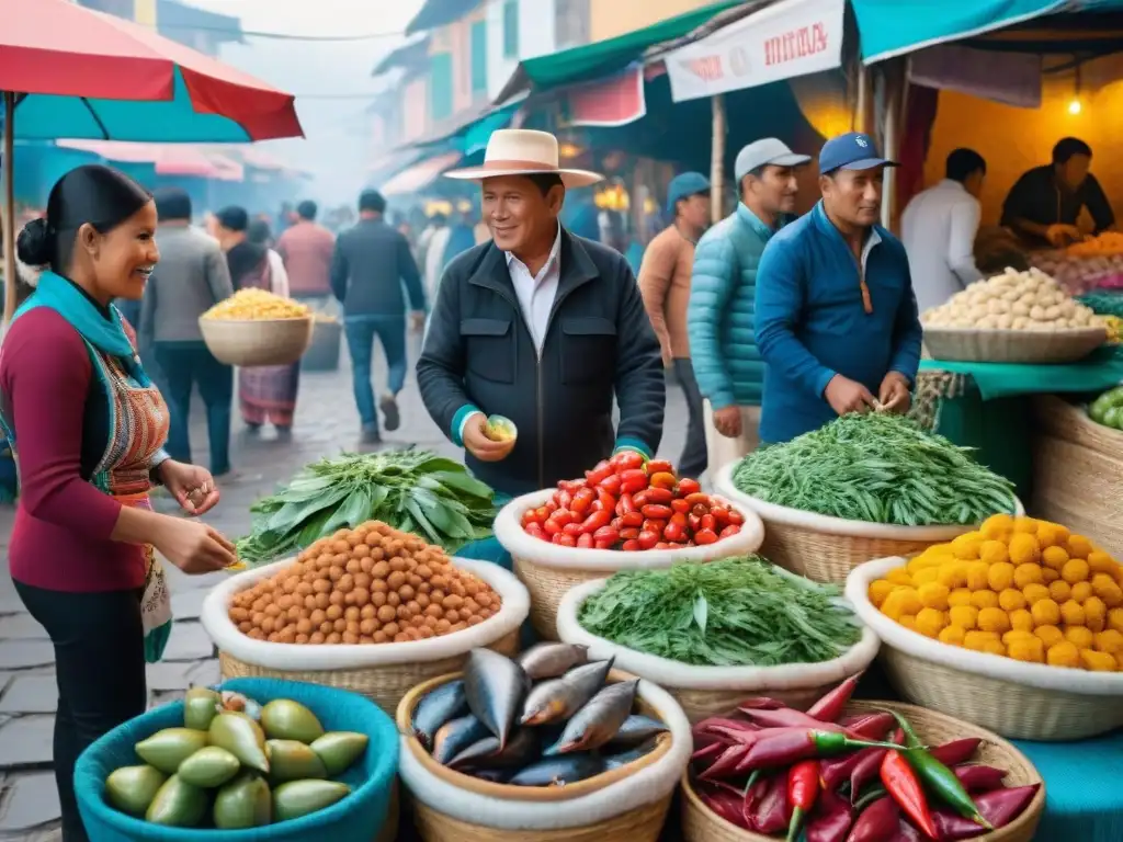 Un animado mercado callejero en Lima, Perú, con ingredientes autóctonos de la cocina costeña peruana