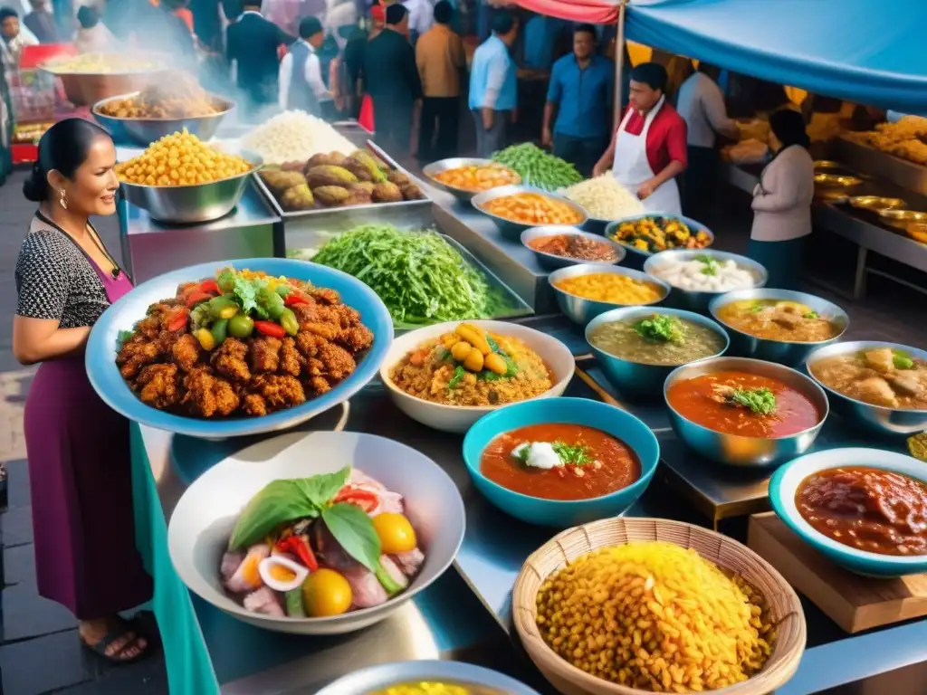 Animado mercado callejero peruano con platos icónicos gastronomía peruana