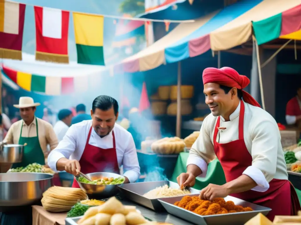 Animado mercado callejero peruano durante Fiestas Patrias, con puestos coloridos rebosantes de ceviche, anticuchos y tamales