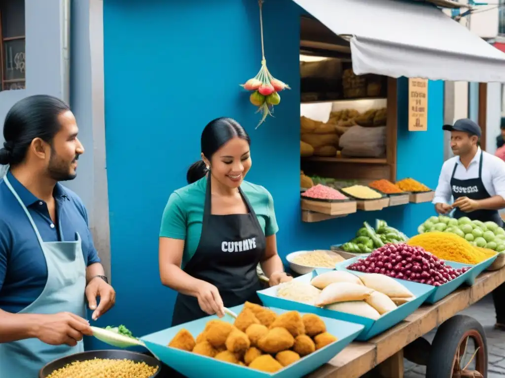 Un animado mercado callejero en Lima, Perú, con puestos coloridos de frutas exóticas y platos tradicionales