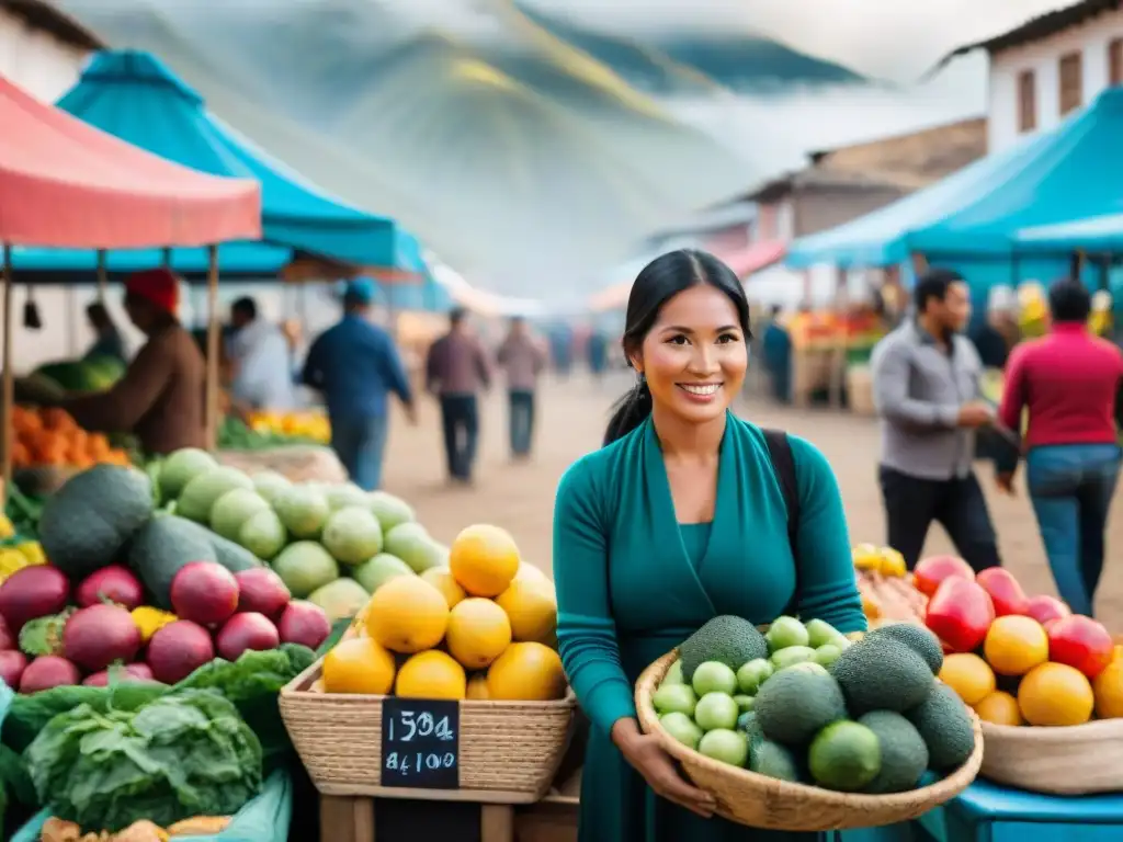 Animado mercado en Perú, puestos coloridos de frutas y verduras