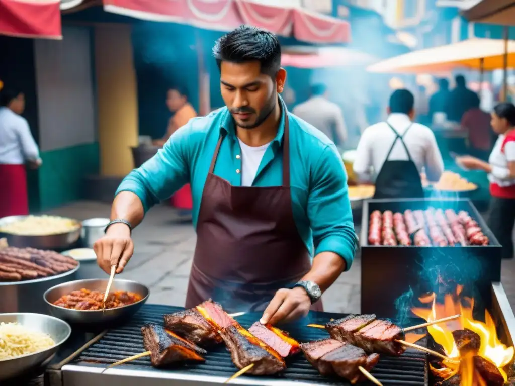 Animado mercado de comida callejera peruana, vendedor experto prepara anticuchos de corazón sobre fuego abierto