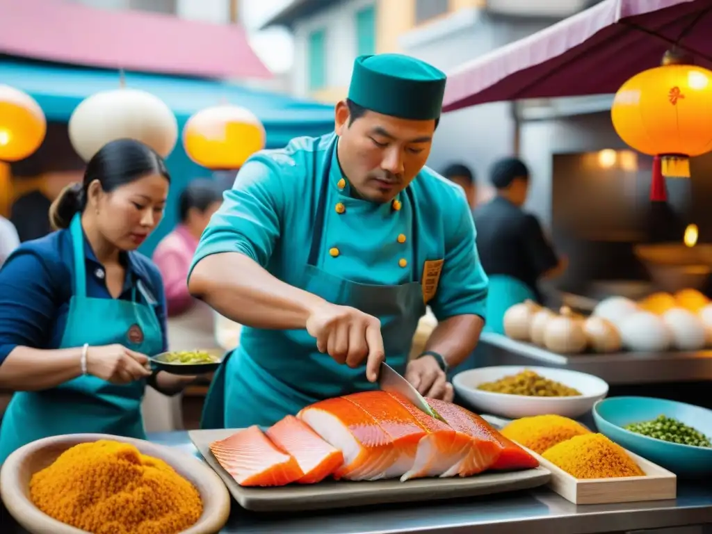 En un animado mercado de comida peruana, chefs nikkei preparan platillos con twist