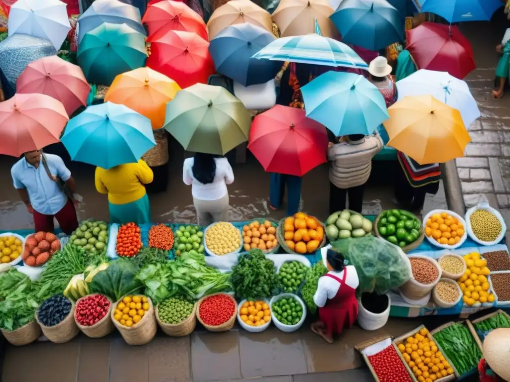 Un animado mercado costero peruano con ingredientes frescos y coloridos, capturando la esencia de la cocina peruana tradicional y fusiones