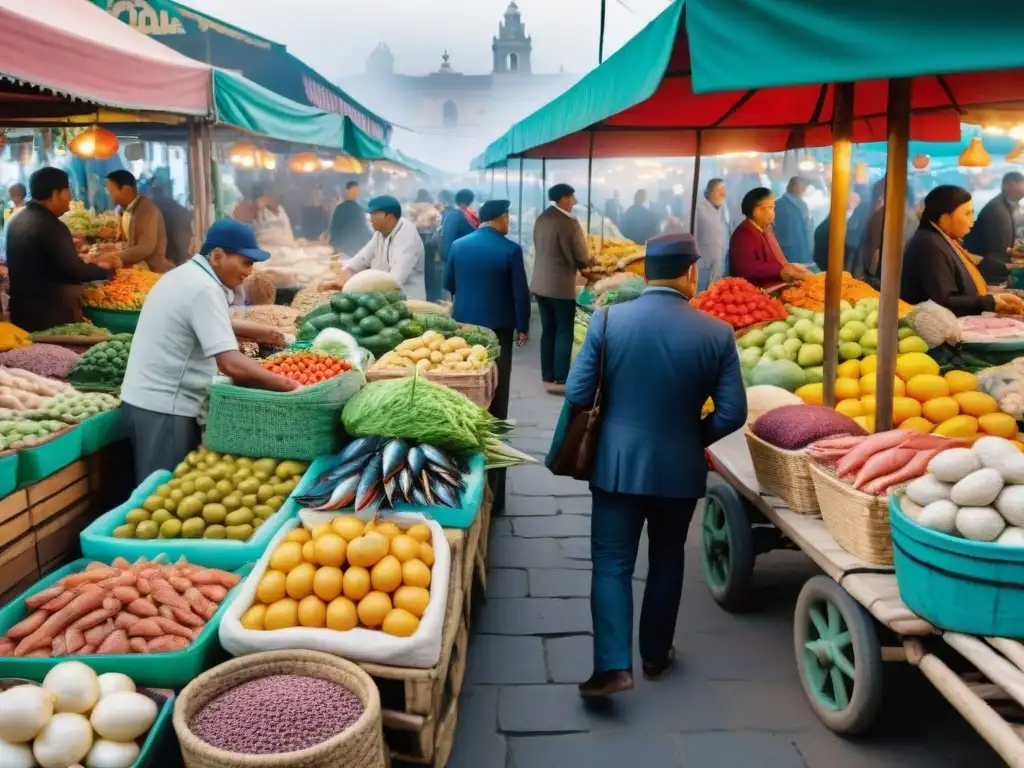 Animado mercado gastronómico en Lima, Perú, con mariscos frescos, frutas coloridas y vendedores locales