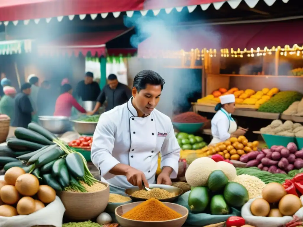 En un animado mercado peruano, un chef prepara Estofado de Pollo ante una multitud curiosa