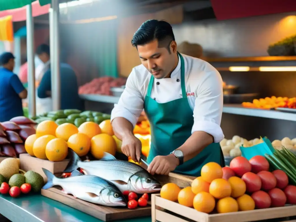 En un animado mercado peruano, un chef prepara Leche de Tigre rodeado de ingredientes frescos