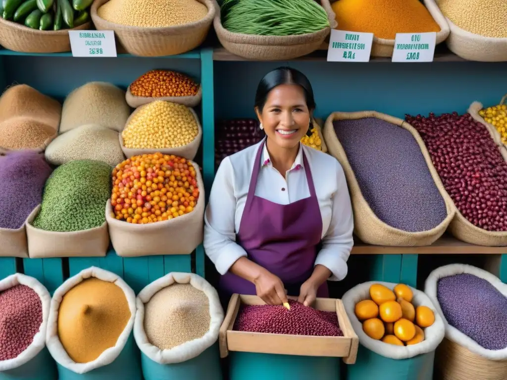 Animado mercado peruano con ingredientes autóctonos y vendedoras indígenas