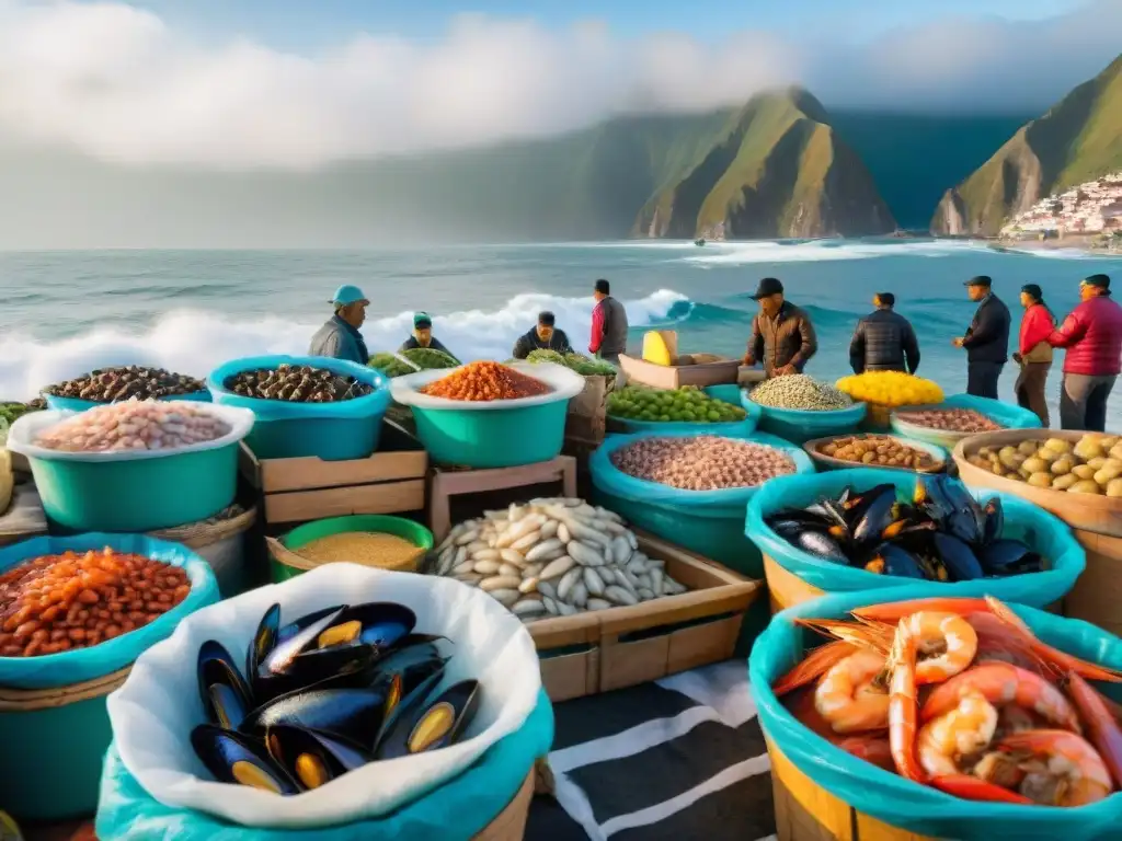 Animado mercado peruano de mariscos con vendedores y variedad de productos frescos