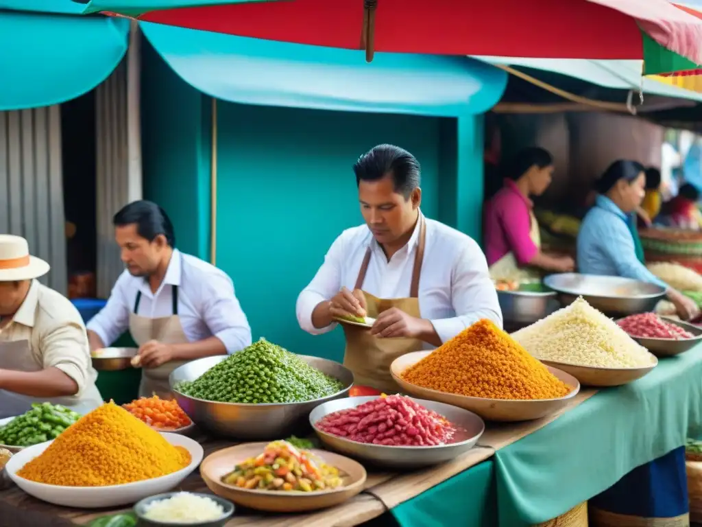 Animado mercado peruano con platos tradicionales como ceviche y lomo saltado