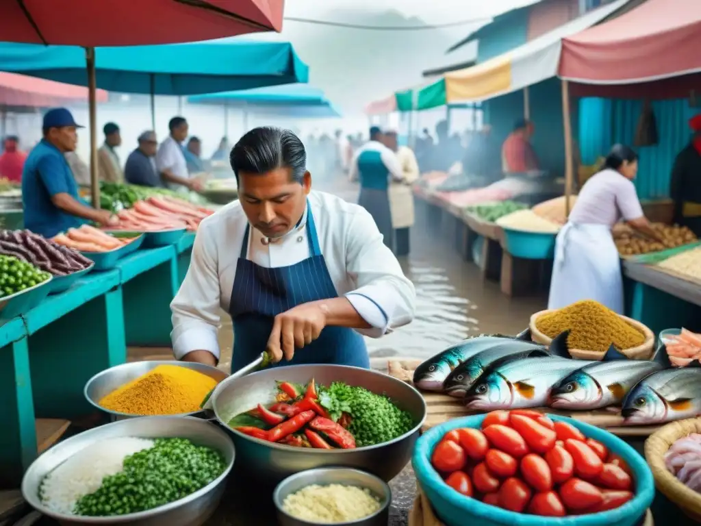 En un animado mercado peruano, puestos coloridos rebosan mariscos frescos mientras se prepara un delicioso Pescado a lo Macho receta