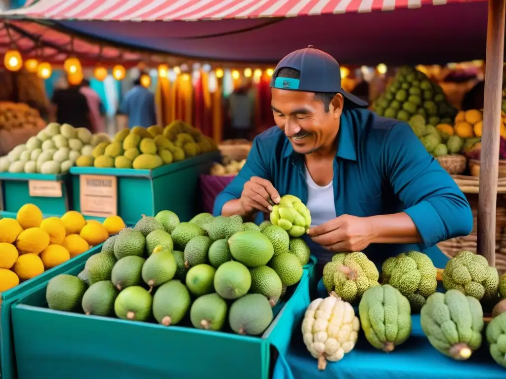 Animado mercado peruano con puestos rebosantes de cherimoyas, locales disfrutando refresco de cherimoya y vendedor preparando receta tradicional