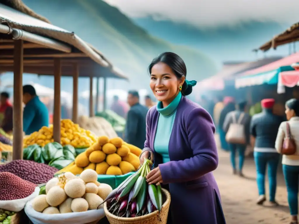 Un animado mercado peruano rebosante de ingredientes autóctonos como maíz morado, quinua, ajíes y frutas exóticas