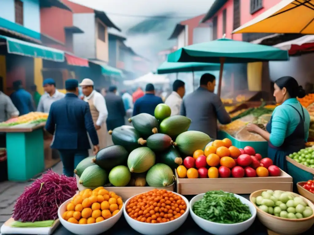 Un animado mercado peruano con vendedores de comida callejera y clientes entusiastas