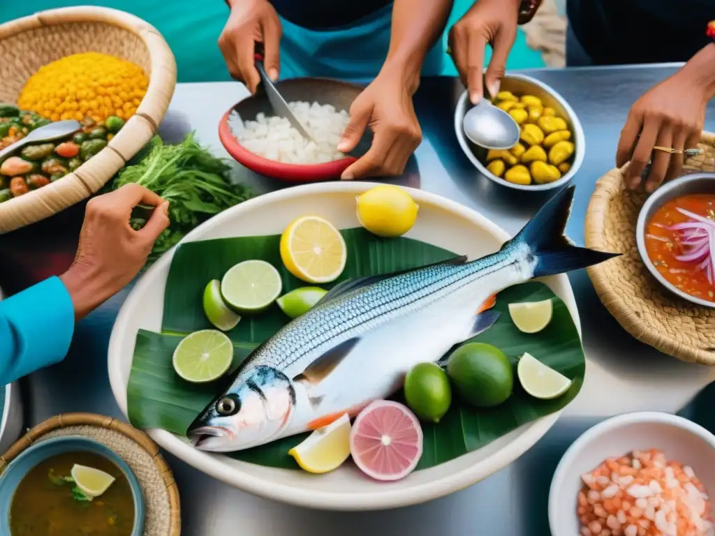 Mercado de pescado en Perú: colores y sabores para un ceviche auténtico Animado mercado de pescado peruano con ingredientes autóctonos para recetas de ceviche