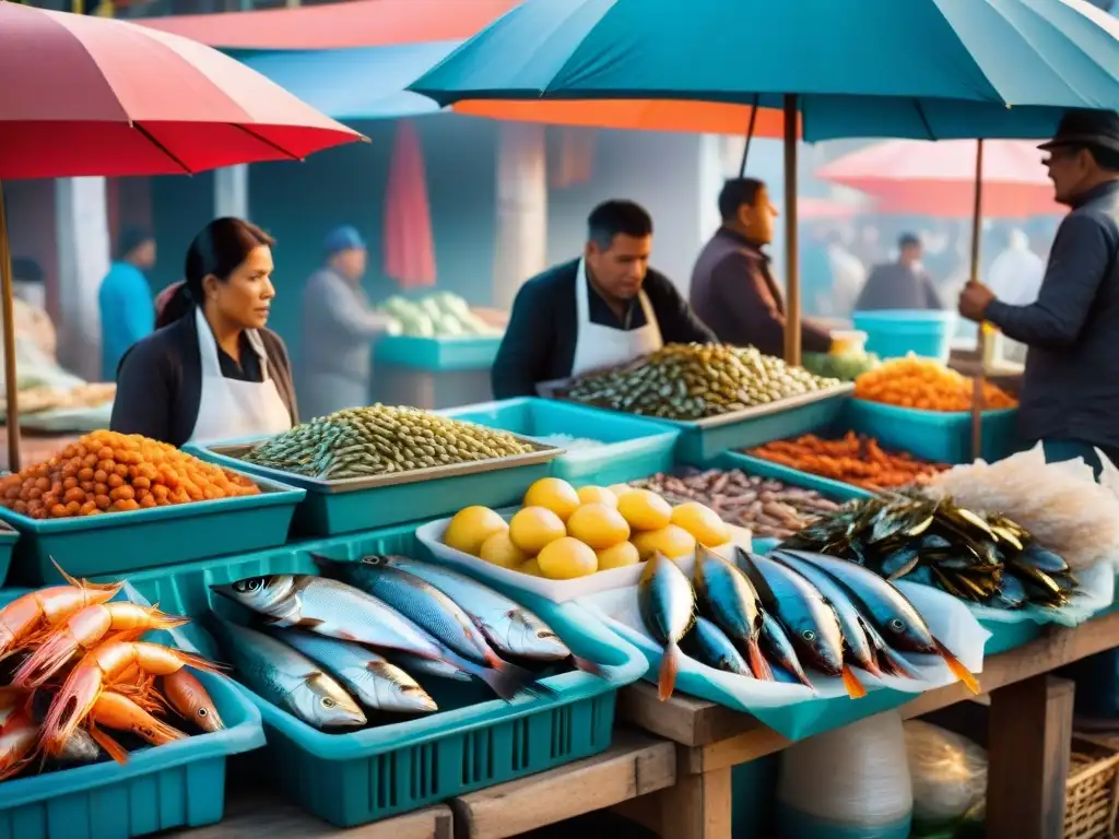 Un animado mercado de pescado peruano con vendedores y mariscos frescos bajo coloridos toldos