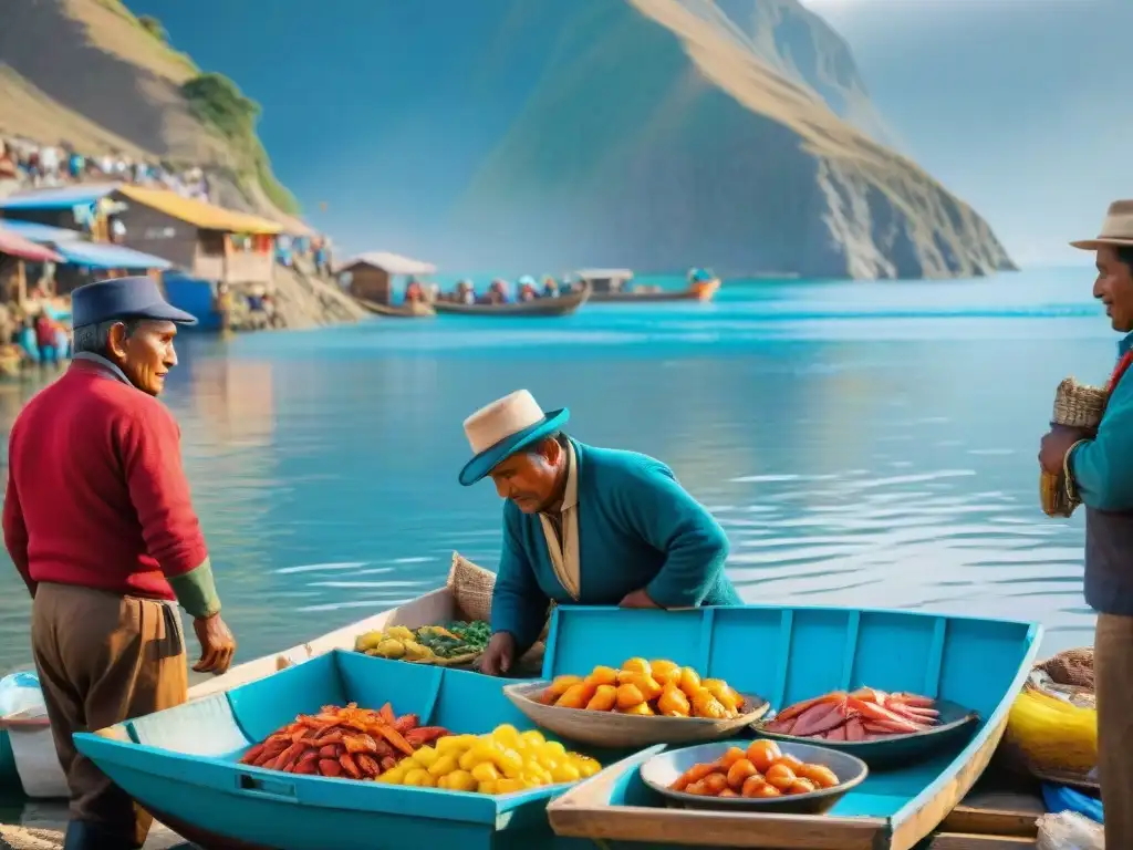 Un animado mercado de pescado en Ancash, Perú, con pescadores descargando su pesca fresca, botes coloridos en el mar y lugareños regateando mariscos