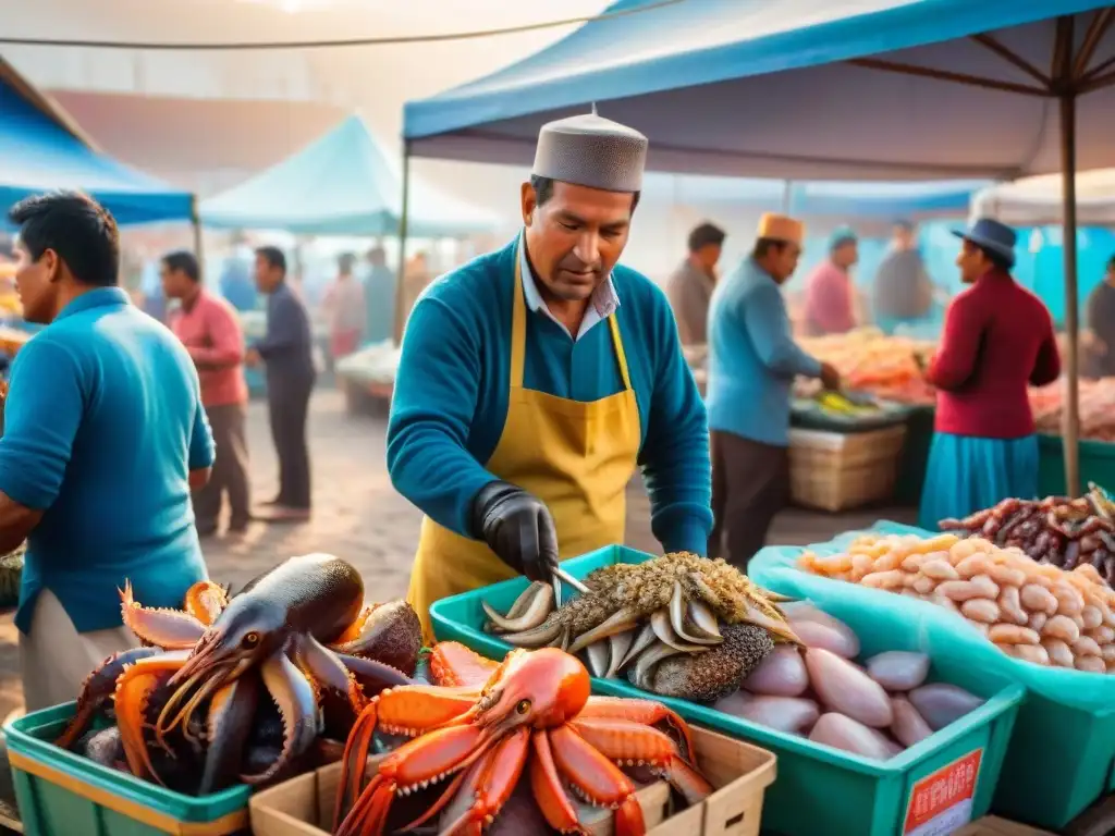 Animado mercado de pescado en un pueblo costero de Perú con pescadores locales mostrando su pesca del día